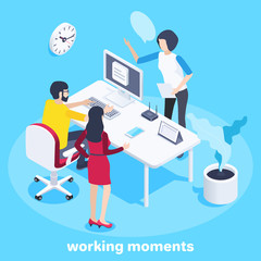 Wall Mural - isometric vector image on a blue background, a man works in the office at the computer and next to him his colleagues discuss workflow, teamwork