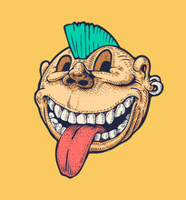 Punk Emoticon With A Crest On The Head And Tongue Hanging Out. Drawing Style. Vector Illustration.