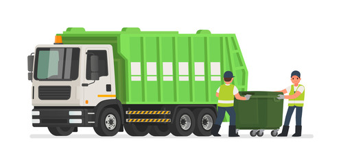 Garbage truck and dustmen. Scavengers workers clean the trash can