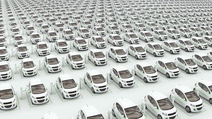 electric cars parked and charging at the charger stations. top view of the electromobility rent e-mo