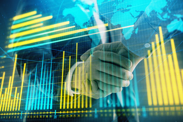 Multi exposure of forex graph and world map on abstract background with two businessmen handshake. Concept of success on international markets