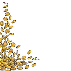 Falling gold coins background with empty space. Money flowing top down, big pile of cash, a lot of money, treasure concept. Hand drawn vector illustration on white background.