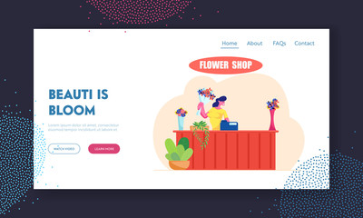 Poster - Florist Profession, Job Website Landing Page, Saleswoman Holding Bouquet at Counter Desk with Cashbox in Flower Shop. Floristic Store Blossom Present Web Page. Cartoon Flat Vector Illustration, Banner