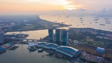 Aerial View Hyperlapse 4k Video Of The Marina Bay Sands In Singapore City Skyline.