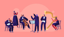 Symphony Orchestra Playing Classical Music Concert, Conductor And Musicians With Instruments Performing On Stage With Violin, Flute, Cello, Trumpet, Harp Performance. Cartoon Flat Vector Illustration