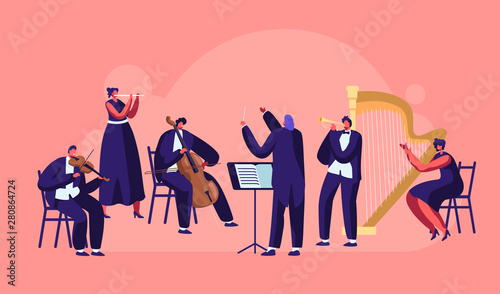 Dekoracja na wymiar  orkiestra-symfoniczna-grajaca-muzyke-klasyczna-koncert-dyrygent-i-muzycy-z-instrumentami