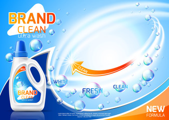 Realistic laundry detergent advertising mockup. Vector apparel cleaning product design. Cleaning molecules bubbles vortex. Branded bleach, fabric softener.