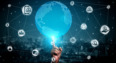 Finance and Money Transaction Technology Concept. Icon Graphic interface showing fintech trade exchange, profit statistics analysis and market analyst service in modern computer application.