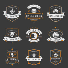 Happy Halloween Labels And Badges Design Set Vintage Typography Templates For Greeting Cards Banners Vector Illustration