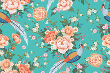 Beautiful Seamless Pattern With Diamond Pheasant Sitting On Peony Branch With Blooming Sakura,plum And Daisies For Summer Dress In Chinese Style