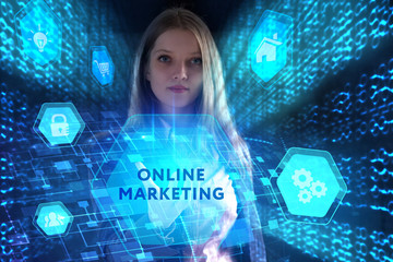 The concept of business, technology, the Internet and the network. A young entrepreneur working on a virtual screen of the future and sees the inscription: Online marketing