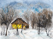  Watercolor picture of a log cabin in winter snowy forest with dark clouds and falling snow