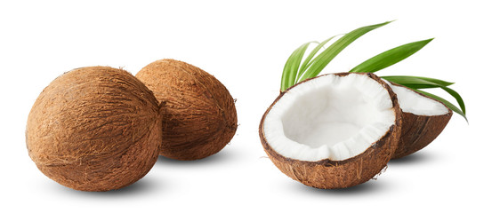 Sticker - Set with Fresh raw coconut with palm leaves isolated on white background.