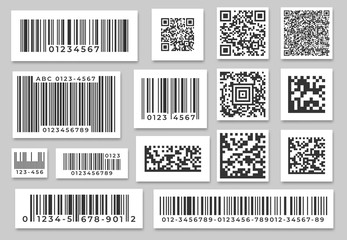 Poster - Barcode labels. Code stripes sticker, digital bar label and retail pricing bars labeling stickers. Industrial barcodes, customers qr code. Isolated symbols vector set