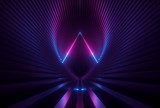 3d render, pink blue neon abstract background with glowing triangle lines, ultraviolet light, laser show, wall reflection, triangular shape