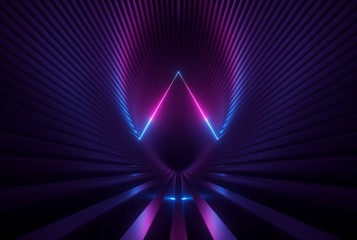 Wall Mural - 3d render, pink blue neon abstract background with glowing triangle lines, ultraviolet light, laser 