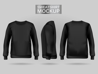Blank men's black sweatshirt in front, back and side views. Vector illustration. Realistic male clothes for sport and urban style