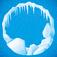 Round Frame Of Ice And Icicles On A Blue Background.