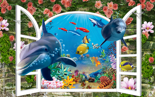 3d-illustration-wallpaper-under-sea-dolphin-fish-tortoise-coral-reefsand-water-with-broken-wall-bricks-background-will-visually-expand-the-space-in-a-small-room-bring-more-light-and-become-an-ac