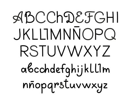 Handwritten font, Spanish, thin, black, vector. Black letters on a white field. Uppercase and lowercase letters.Thin felt-tip pen. Imitation.  