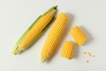 Wall Mural - Fresh corn on a light background. Corn heads.