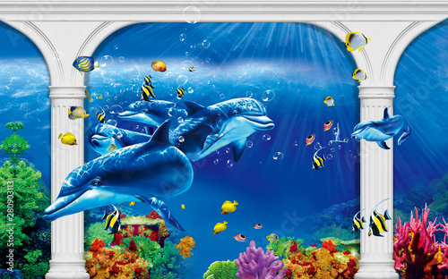 Obrazy Delfiny 3d-illustration-wallpaper-under-sea-dolphin-fish-tortoise-coral-reefsand-water-with-broken-wall-bricks-background-will-visually-expand-the-space-in-a-small-room-bring-more-light-and-become-an-ac
