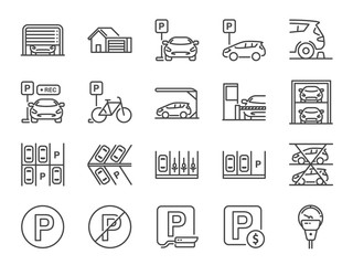 Parking line icon set. Included icons as Garage, Valet servant, Paid parking, recorder, lift, security camera and more.