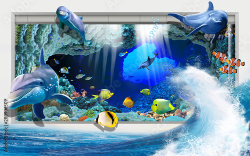 Fototapeta dla dzieci 3d illustration wallpaper under sea dolphin, Fish, Tortoise, Coral reefsand water with broken wall bricks background. will visually expand the space in a small room, bring more light and become an ac