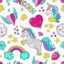 Doodle Unicorn Pattern. Seamless Summer Print, Cute Star Heart Rainbow Typography Template. Vector Endless Wallpaper 90s Repeat Cute Background