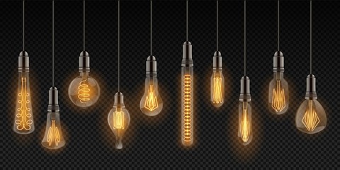 Poster - Realistic light bulbs. Vintage lamps hanging on wires, decoration glowing retro objects. Vector design lighting incandescent filament lamps set on transparent background