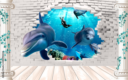 Plakat na zamówienie 3d illustration wallpaper under sea dolphin, Fish, Tortoise, Coral reefsand water with broken wall bricks background. will visually expand the space in a small room, bring more light and become an ac