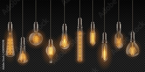 Realistic Light Bulbs Vintage Lamps Hanging On Wires Decoration Realistic Light Bulbs Vintage Lamps