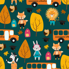 seamless pattern with animals and school bus - vector illustration, eps