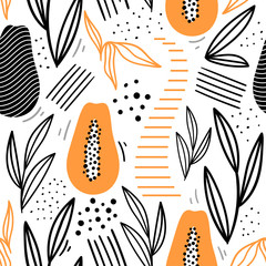 Wall Mural - Papaya tropical seamless pattern with leaves for print, fabric, textile. Modern hand drawn fruits background.