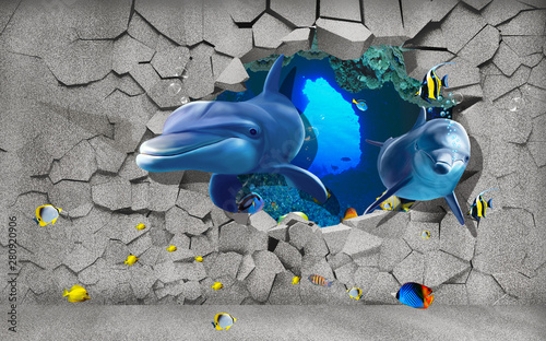 Obrazy Delfiny 3d-illustration-wallpaper-under-sea-dolphin-fish-tortoise-coral-reefsand-water-with-broken-wall-bricks-background-will-visually-expand-the-space-in-a-small-room-bring-more-light-and-become-an-ac