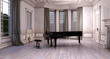3D Art: Piano room with grand piano. Rooms in a romantic Baroque style with curtains and fireplace.