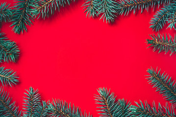 Fir branches on red background. Christmas wallpaper. Flat lay, copy space.