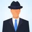 © V Art - Man in a fedora hat and a suit without face. Detective, secret agent, mafia character. Flat style colorful vector illustration icon isolated on blue background.