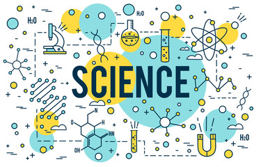 Science background. Research outline icons. Biotechnology and medical elements. Linear dna concept STEM line vector design Website Banner