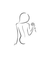 Beautiful woman holds a rose. Art sketch of yong sexy woman. Vector line.