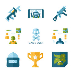 Poster - Online game inventory flat design long shadow color icons set. Esports. Weapon, gun, 3d and from first person shooter, game over, map, trophy, helmet, mobile game. Vector silhouette illustrations