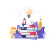 © faber14 - Person gains knowledge for success and better ideas. Education, online courses and business, distance education, online books and study guides, exam preparation, home schooling, vector illustration.