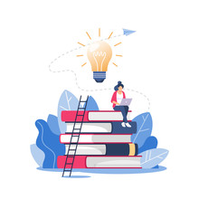Person Climbs The Stairs, Improve New Skills And Education. Online Courses And Business, Distance Education, Online Books And Study Guides, Exam Preparation, Home Schooling, Vector Illustration.