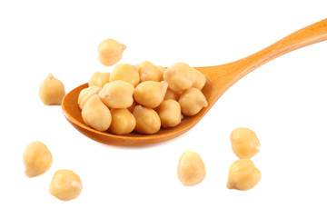 chickpeas in wooden spoon isolated on white background