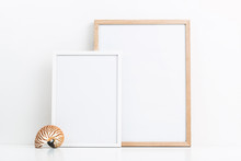 Minimal Marine / Ocean Or Summer Themed Mockup With Two Photo Frames And A Decorative Nautilus Shell On A White Table, Clipping Path Included, Sizes: 30 X 40 Cm, 21 X 30 Cm