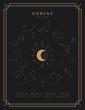 dark spiritual astrology themed vector poster with all zodiac constellations and their names around the moon on a night sky with stars