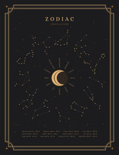 Dark Spiritual Astrology Themed Vector Poster With All Zodiac Constellations And Their Names Around The Moon On A Night Sky With Stars