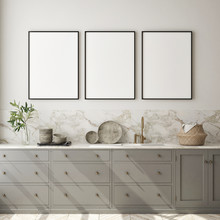 Mock Up Poster Frame In Modern Interior Background, Kitchen, Scandinavian Style, 3D Render, 3D Illustration