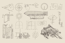 Large Collection Of Vector Steampunk Design Elements: Graphs, Charts And Construction Drawings For Dirigibles And Various Machines