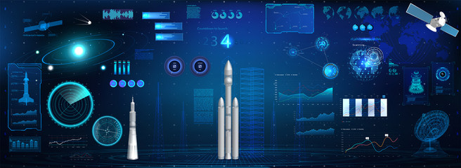 Poster - Space Launch rockets dashboard. HUD space elements set (Radars, 3D rockets, Spaceships, Antenna, Satellite and Hologram Solar System) Head Up Display Cockpit dashboard. Sky-fi HUD elements. Vector